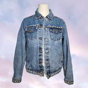 Vtg 90s Y2k 1of1 DIY Flower Trim Distressed Light Wash Denim Jacket Sz M